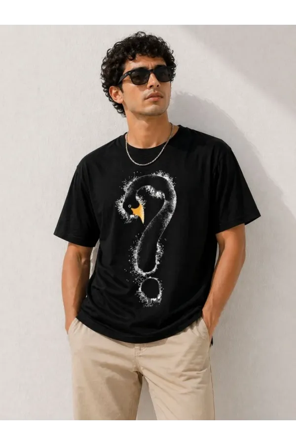 Erkek Kuğu Figürlü Soru İşareti Baskılı Tişört Kısa Kol T-Shirt - Siyah