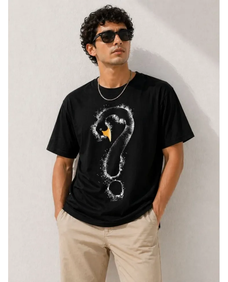 Erkek Kuğu Figürlü Soru İşareti Baskılı Tişört Kısa Kol T-Shirt - Siyah