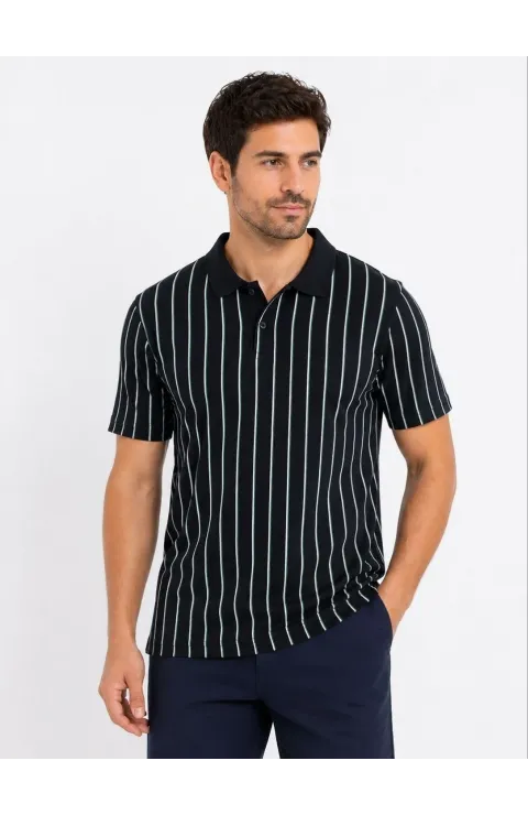 Erkek Pike Kumaş Çizgili Polo Yaka Tişört Kısa Kol Yazlık T-Shirt - Siyah