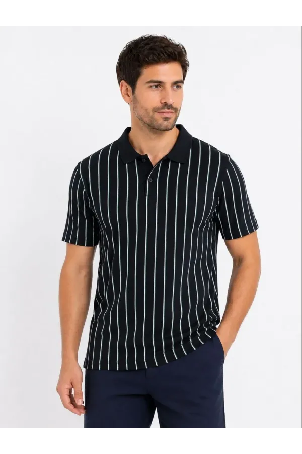 Erkek Pike Kumaş Çizgili Polo Yaka Tişört Kısa Kol Yazlık T-Shirt - Siyah