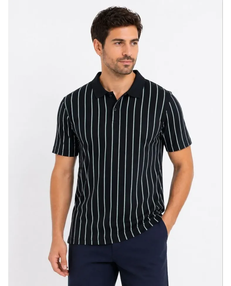 Erkek Pike Kumaş Çizgili Polo Yaka Tişört Kısa Kol Yazlık T-Shirt - Siyah