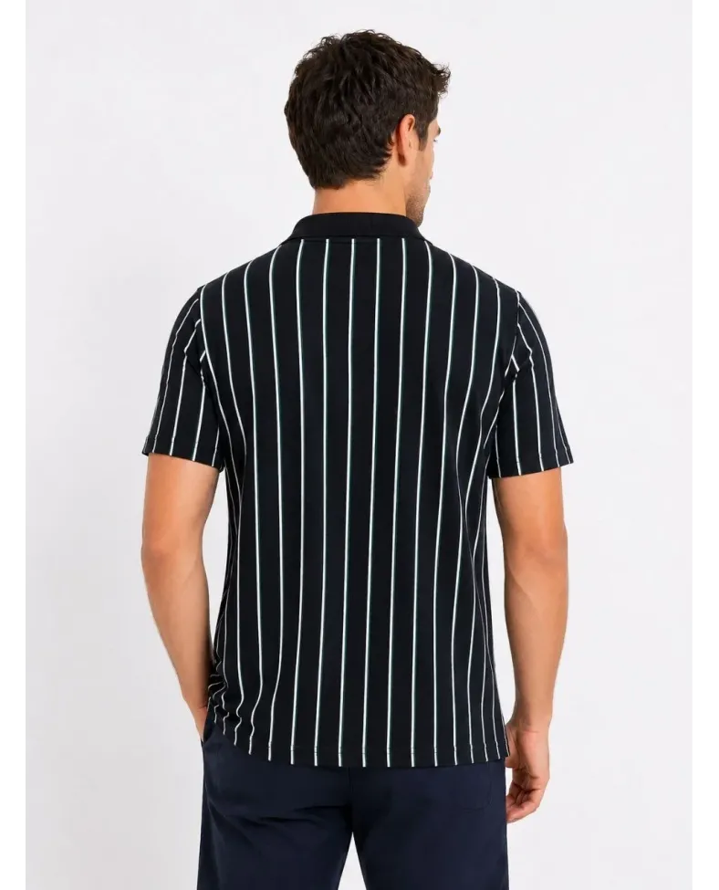 Erkek Pike Kumaş Çizgili Polo Yaka Tişört Kısa Kol Yazlık T-Shirt - Siyah