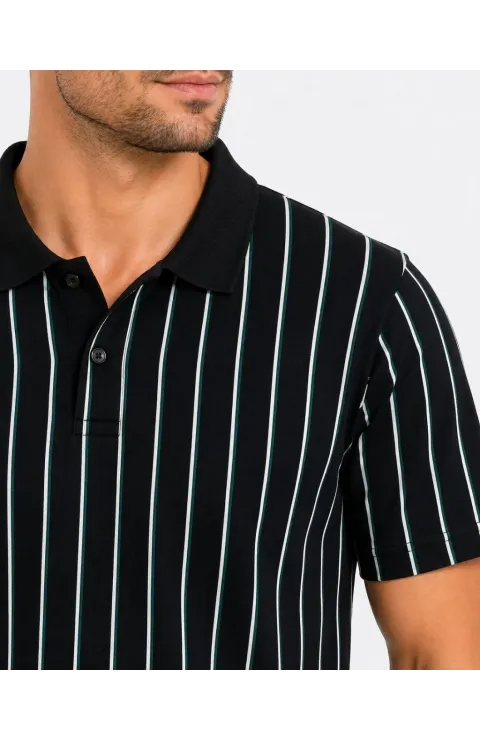 Erkek Pike Kumaş Çizgili Polo Yaka Tişört Kısa Kol Yazlık T-Shirt - Siyah