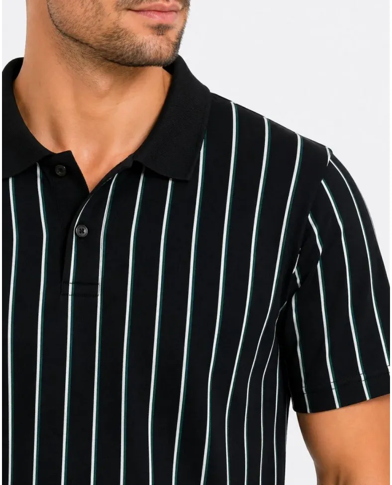 Erkek Pike Kumaş Çizgili Polo Yaka Tişört Kısa Kol Yazlık T-Shirt - Siyah