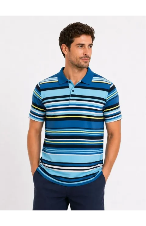 Erkek Çizgili Polo Yaka Tişört Kısa Kol Yazlık T-Shirt Regular Fit - Mavi