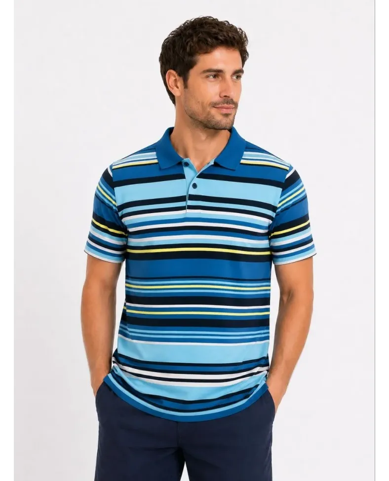Erkek Çizgili Polo Yaka Tişört Kısa Kol Yazlık T-Shirt Regular Fit - Mavi