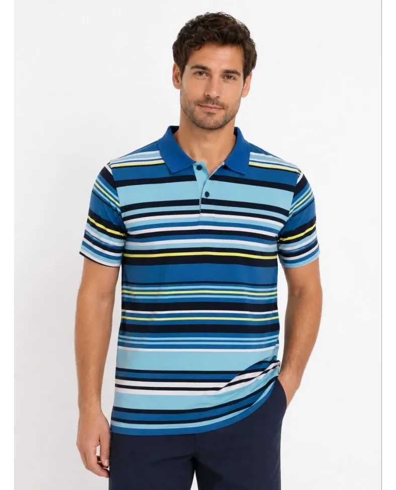 Erkek Çizgili Polo Yaka Tişört Kısa Kol Yazlık T-Shirt Regular Fit - Mavi