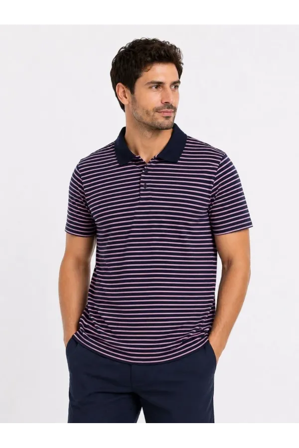 Erkek Pike Kumaş Gül Kurusu Çizgili Polo Yaka Tişört Kısa Kol T-Shirt - Siyah