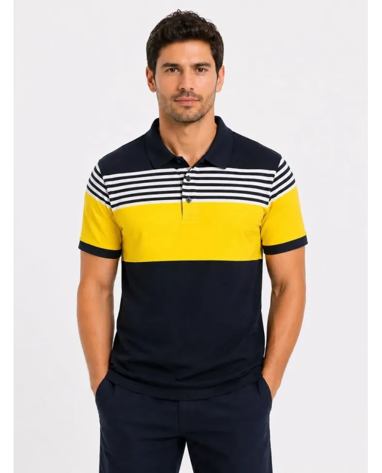 Erkek Pike Kumaş Çizgili Polo Yaka Tişört Kısa Kol Yazlık T-Shirt - Lacivert