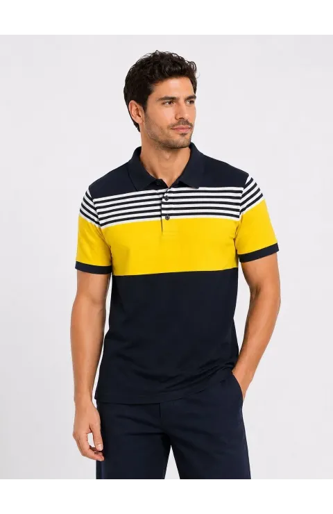 Erkek Pike Kumaş Çizgili Polo Yaka Tişört Kısa Kol Yazlık T-Shirt - Lacivert