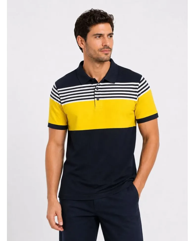 Erkek Pike Kumaş Çizgili Polo Yaka Tişört Kısa Kol Yazlık T-Shirt - Lacivert