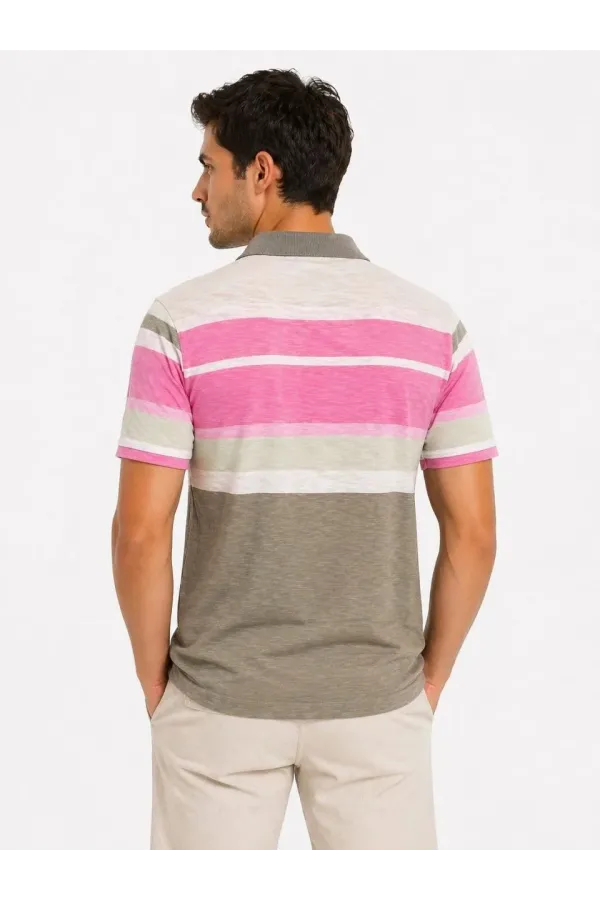 Erkek Flamlı Penye Çizgili Polo Yaka Tişört Kısa Kol Yazlık T-Shirt - Gri