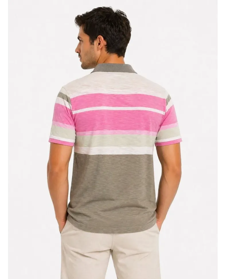 Erkek Flamlı Penye Çizgili Polo Yaka Tişört Kısa Kol Yazlık T-Shirt - Gri