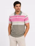 Erkek Flamlı Penye Çizgili Polo Yaka Tişört Kısa Kol Yazlık T-Shirt - Gri