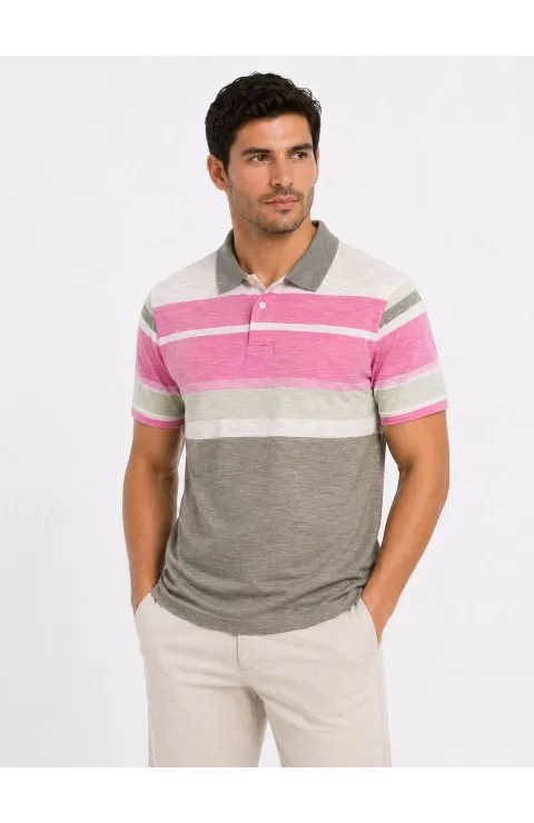 Erkek Flamlı Penye Çizgili Polo Yaka Tişört Kısa Kol Yazlık T-Shirt - Gri