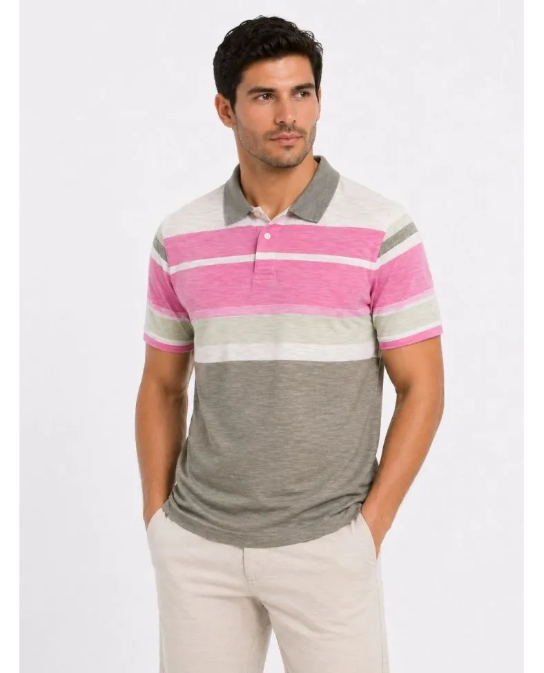 Erkek Flamlı Penye Çizgili Polo Yaka Tişört Kısa Kol Yazlık T-Shirt - Gri