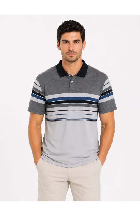 Erkek Flamlı Penye Çizgili Polo Yaka Tişört Kısa Kol Yazlık T-Shirt - Gri