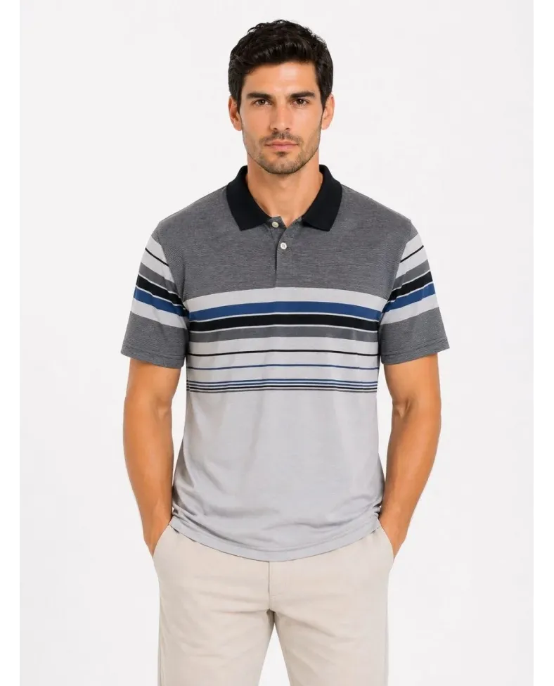 Erkek Flamlı Penye Çizgili Polo Yaka Tişört Kısa Kol Yazlık T-Shirt - Gri
