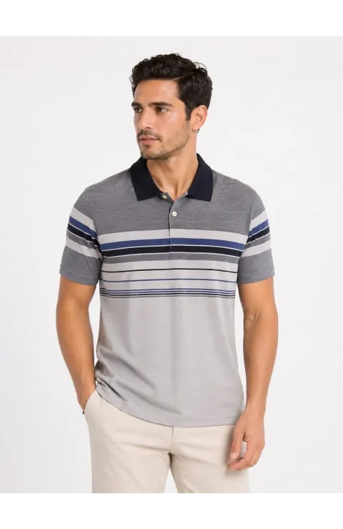 Erkek Flamlı Penye Çizgili Polo Yaka Tişört Kısa Kol Yazlık T-Shirt - Gri