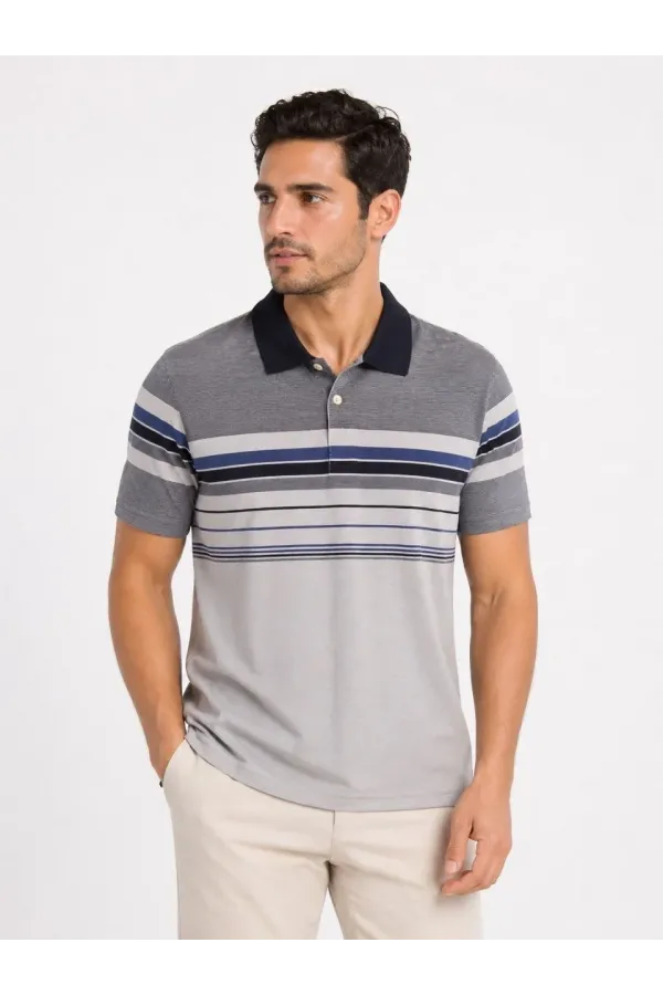 Erkek Flamlı Penye Çizgili Polo Yaka Tişört Kısa Kol Yazlık T-Shirt - Gri