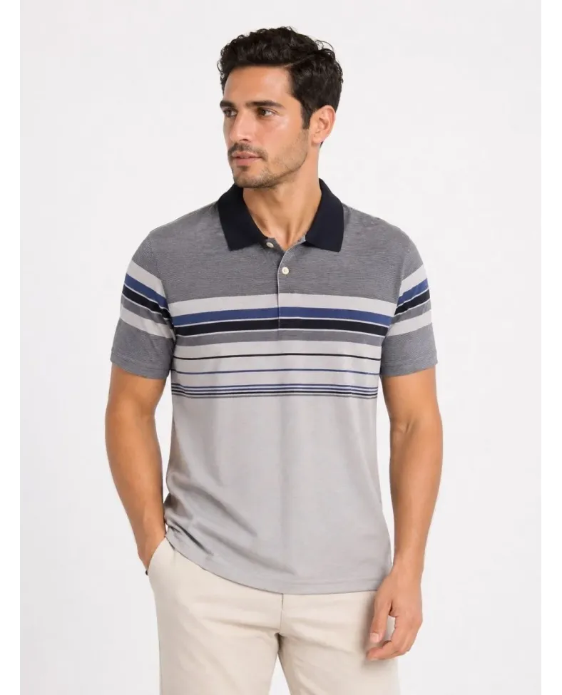 Erkek Flamlı Penye Çizgili Polo Yaka Tişört Kısa Kol Yazlık T-Shirt - Gri