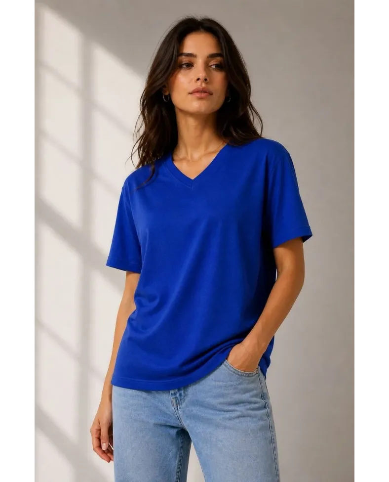 Kadın V Yaka Basic Tişört Kısa Kol Yazlık Regular Fit T-Shirt - Saks Mavisi