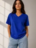 Kadın V Yaka Basic Tişört Kısa Kol Yazlık Regular Fit T-Shirt - Saks Mavisi