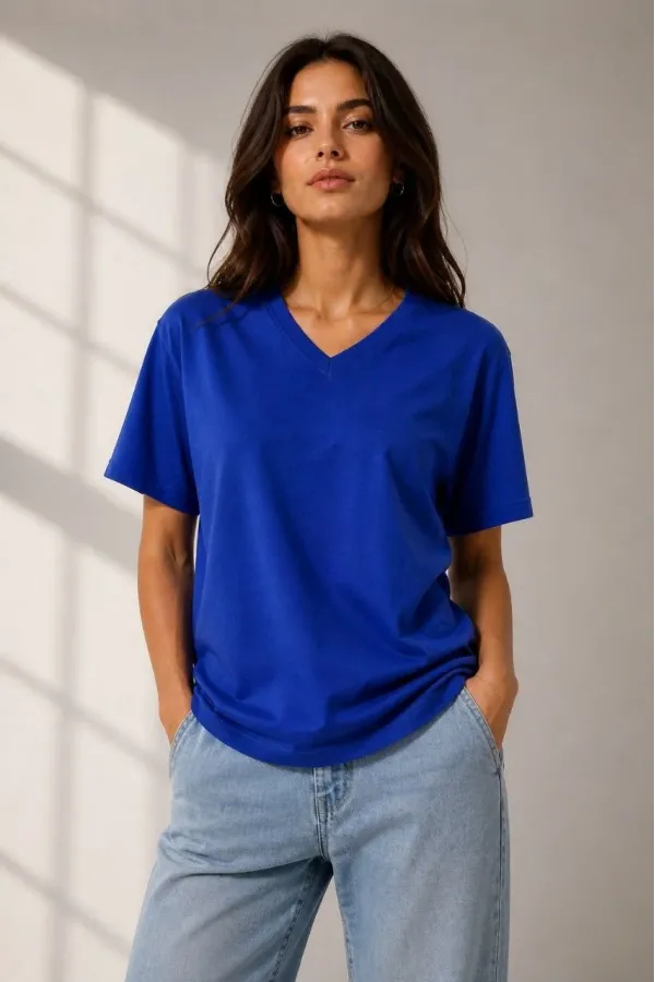 Kadın V Yaka Basic Tişört Kısa Kol Yazlık Regular Fit T-Shirt - Saks Mavisi
