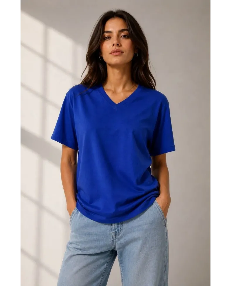 Kadın V Yaka Basic Tişört Kısa Kol Yazlık Regular Fit T-Shirt - Saks Mavisi