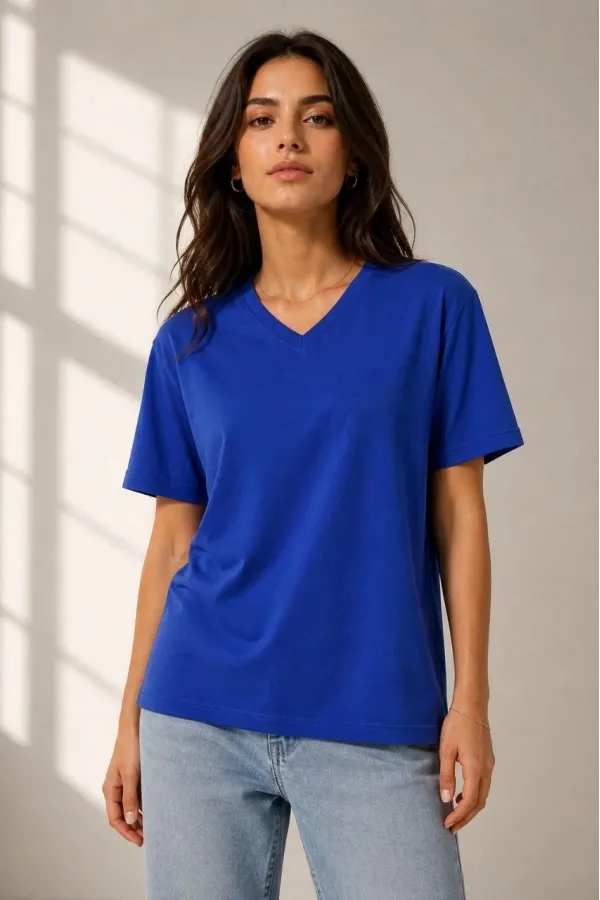 Kadın V Yaka Basic Tişört Kısa Kol Yazlık Regular Fit T-Shirt - Saks Mavisi