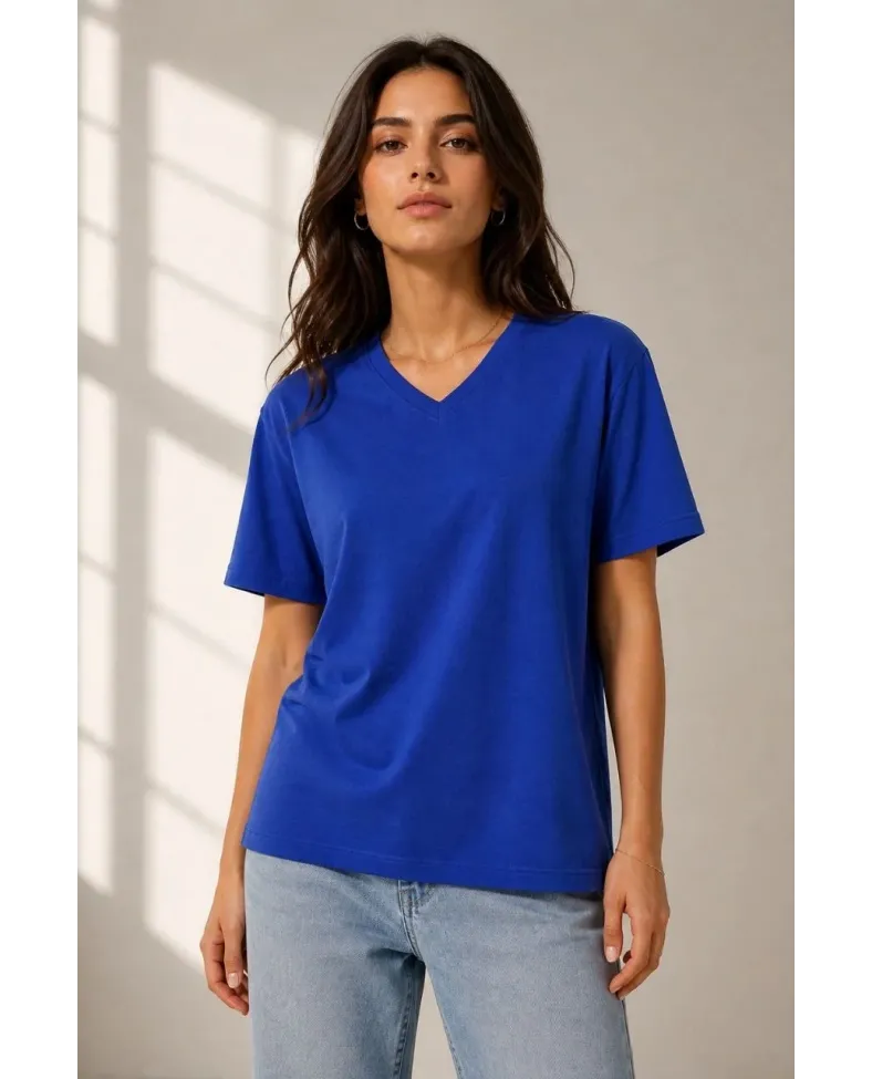 Kadın V Yaka Basic Tişört Kısa Kol Yazlık Regular Fit T-Shirt - Saks Mavisi