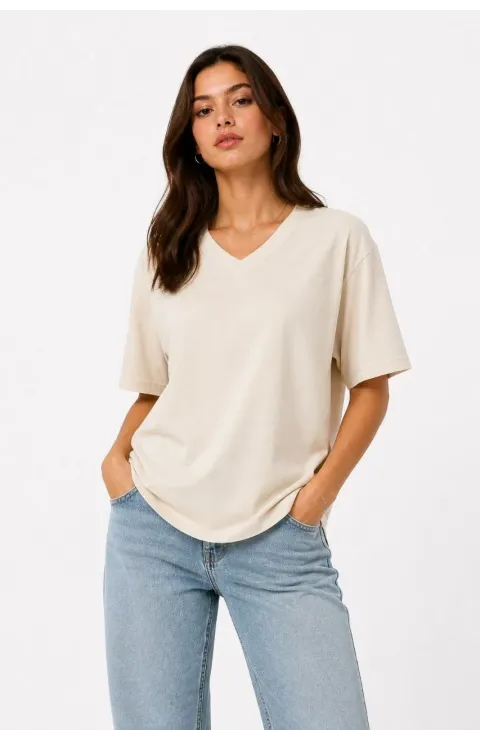 Kadın V Yaka Basic Tişört Kısa Kol Yazlık Regular Fit T-Shirt - Bej