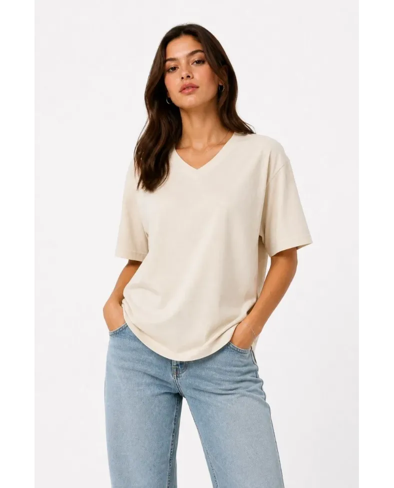 Kadın V Yaka Basic Tişört Kısa Kol Yazlık Regular Fit T-Shirt - Bej
