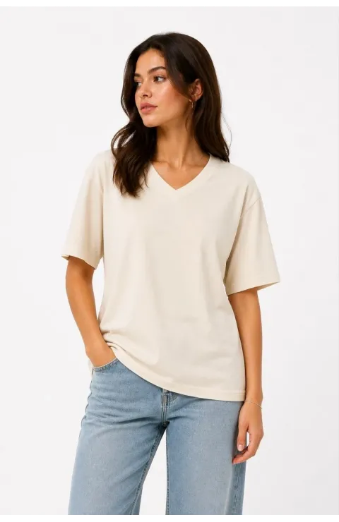 Kadın V Yaka Basic Tişört Kısa Kol Yazlık Regular Fit T-Shirt - Bej