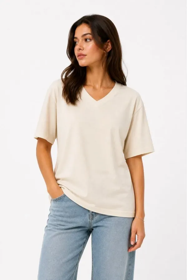 Kadın V Yaka Basic Tişört Kısa Kol Yazlık Regular Fit T-Shirt - Bej