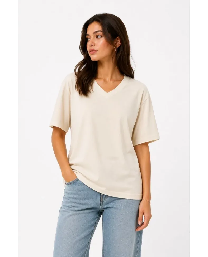 Kadın V Yaka Basic Tişört Kısa Kol Yazlık Regular Fit T-Shirt - Bej