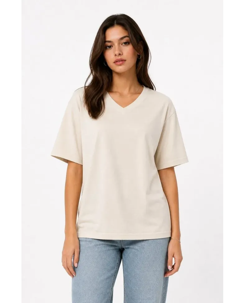 Kadın V Yaka Basic Tişört Kısa Kol Yazlık Regular Fit T-Shirt - Bej