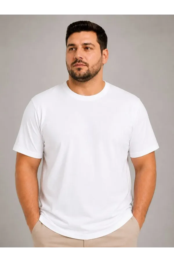 Erkek Battal Big Size Basic Tişört Bisiklet Yaka Rahat Kalıp T-Shirt - Beyaz