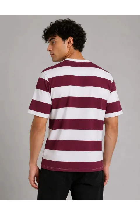 Erkek Çizgili Oversize Tişört Bisiklet Yaka Kısa Kol Yazlık T-Shirt - Bordo