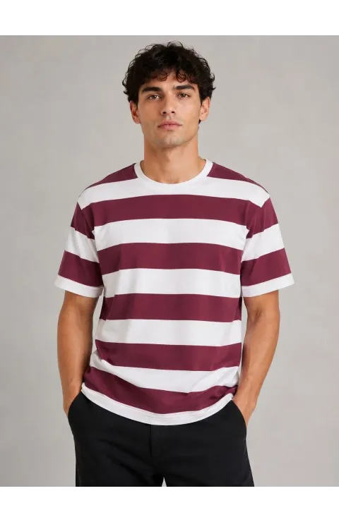 Erkek Çizgili Oversize Tişört Bisiklet Yaka Kısa Kol Yazlık T-Shirt - Bordo