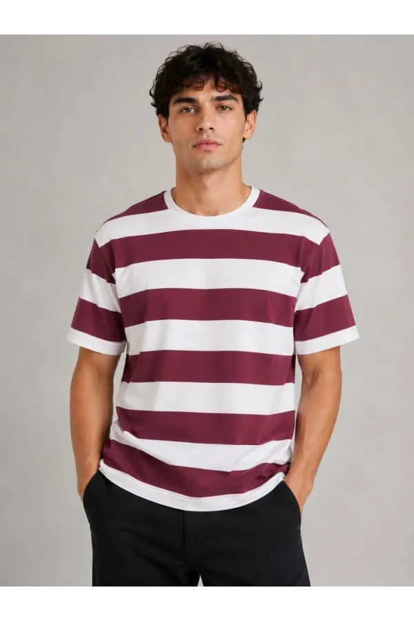 Erkek Çizgili Oversize Tişört Bisiklet Yaka Kısa Kol Yazlık T-Shirt - Bordo