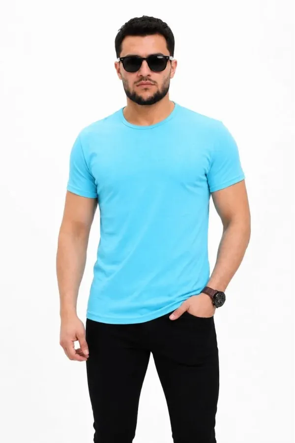 Erkek Basic Tişört Bisiklet Yaka Kısa Kol Günlük Yazlık Slim fit T-Shirt - Açık Mavi