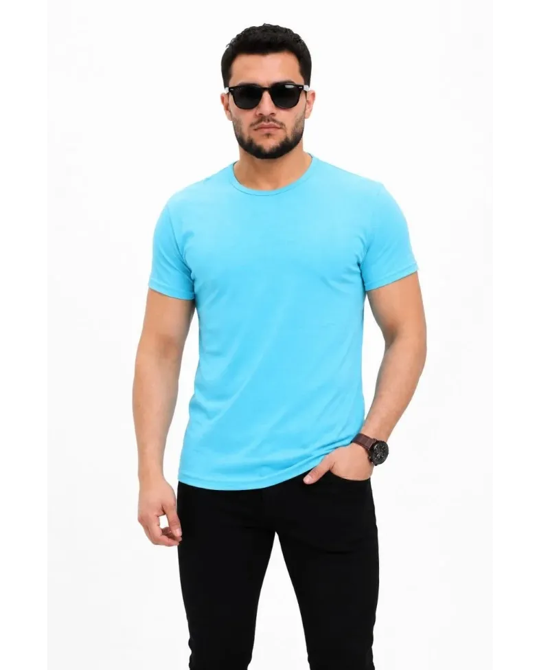 Erkek Basic Tişört Bisiklet Yaka Kısa Kol Günlük Yazlık Slim fit T-Shirt - Açık Mavi