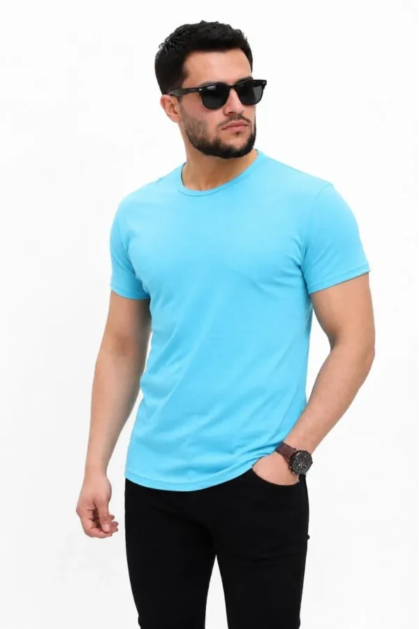 Erkek Basic Tişört Bisiklet Yaka Kısa Kol Günlük Yazlık Slim fit T-Shirt - Açık Mavi