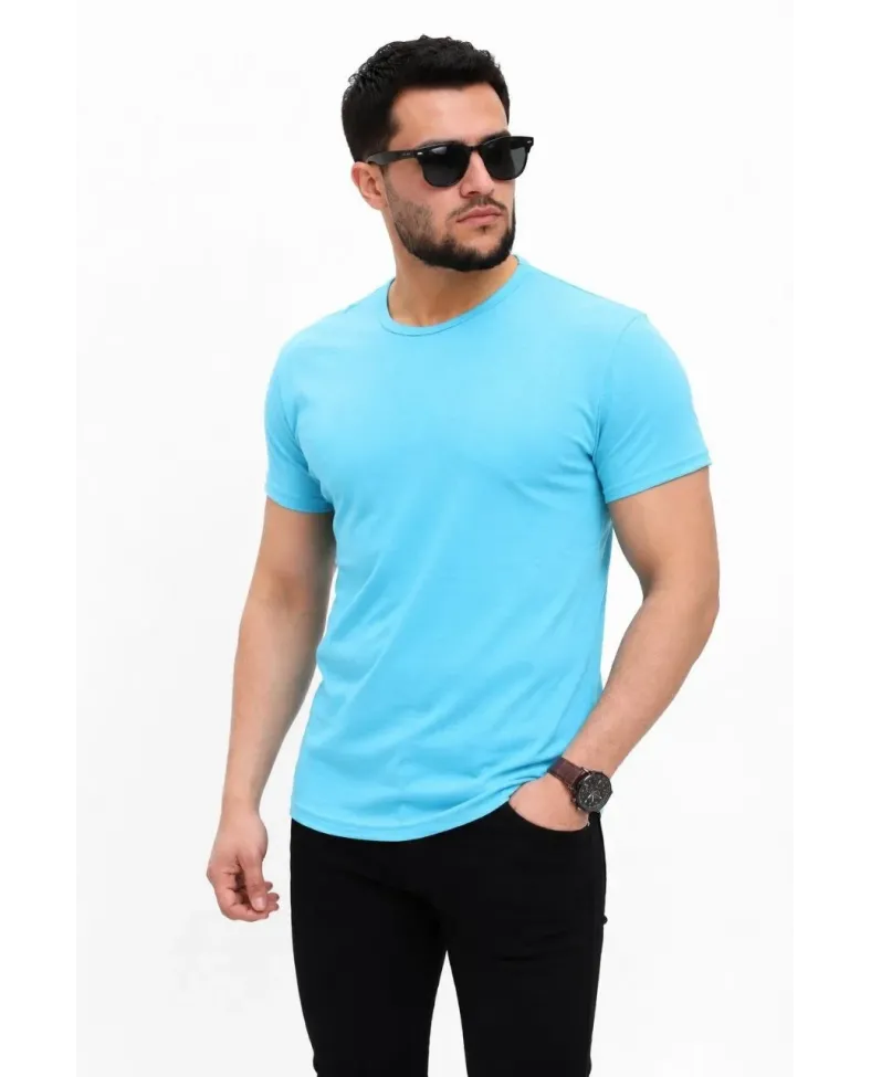 Erkek Basic Tişört Bisiklet Yaka Kısa Kol Günlük Yazlık Slim fit T-Shirt - Açık Mavi