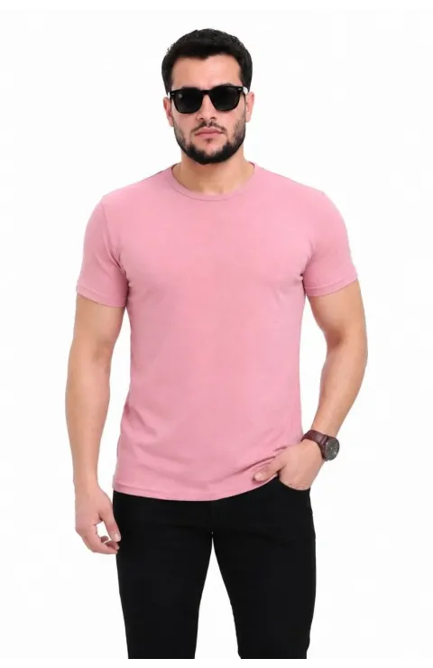 Erkek Basic Tişört Bisiklet Yaka Kısa Kol Günlük Yazlık Slim fit T-Shirt - Pembe
