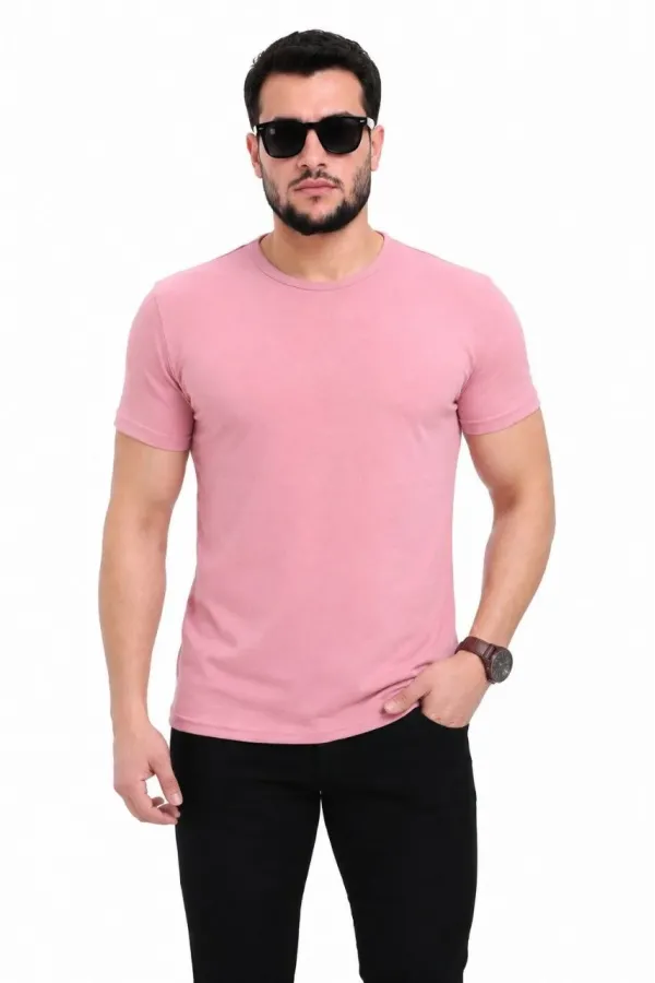 Erkek Basic Tişört Bisiklet Yaka Kısa Kol Günlük Yazlık Slim fit T-Shirt - Pembe