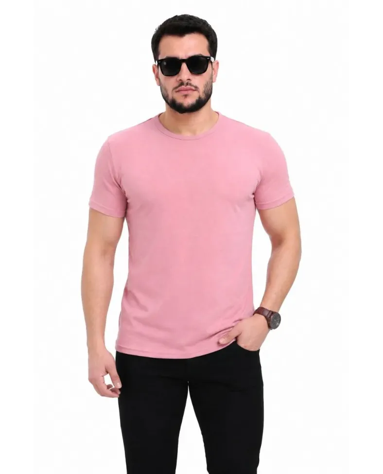 Erkek Basic Tişört Bisiklet Yaka Kısa Kol Günlük Yazlık Slim fit T-Shirt - Pembe