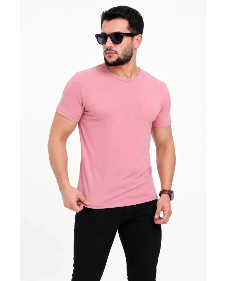 Erkek Basic Tişört Bisiklet Yaka Kısa Kol Günlük Yazlık Slim fit T-Shirt - Pembe