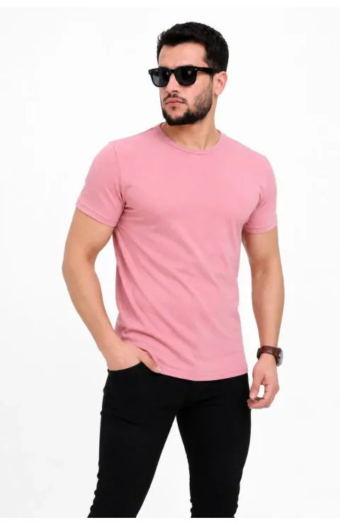 Erkek Basic Tişört Bisiklet Yaka Kısa Kol Günlük Yazlık Slim fit T-Shirt - Pembe